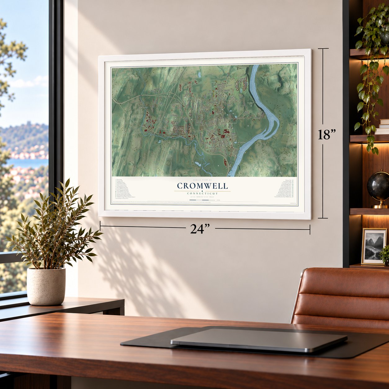 Cromwell, Connecticut map, 18 x 24 inch print in a white frame in a home office