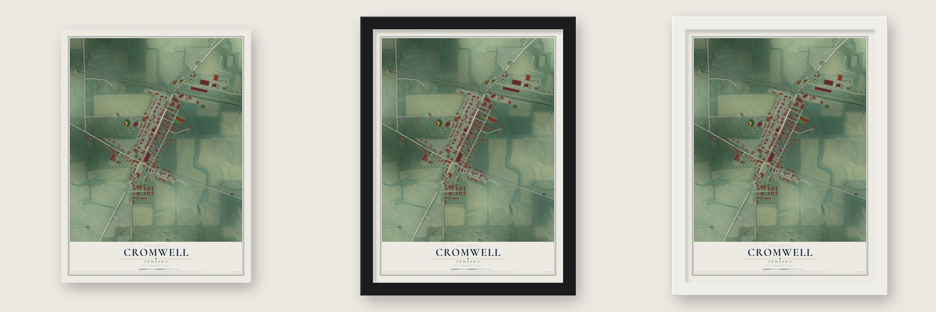 Cromwell, Indiana map unframed, in a black wood frame and in a white wood frame