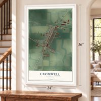 Cromwell, Indiana map, 24 x 36 inch print in a white frame by a staircase