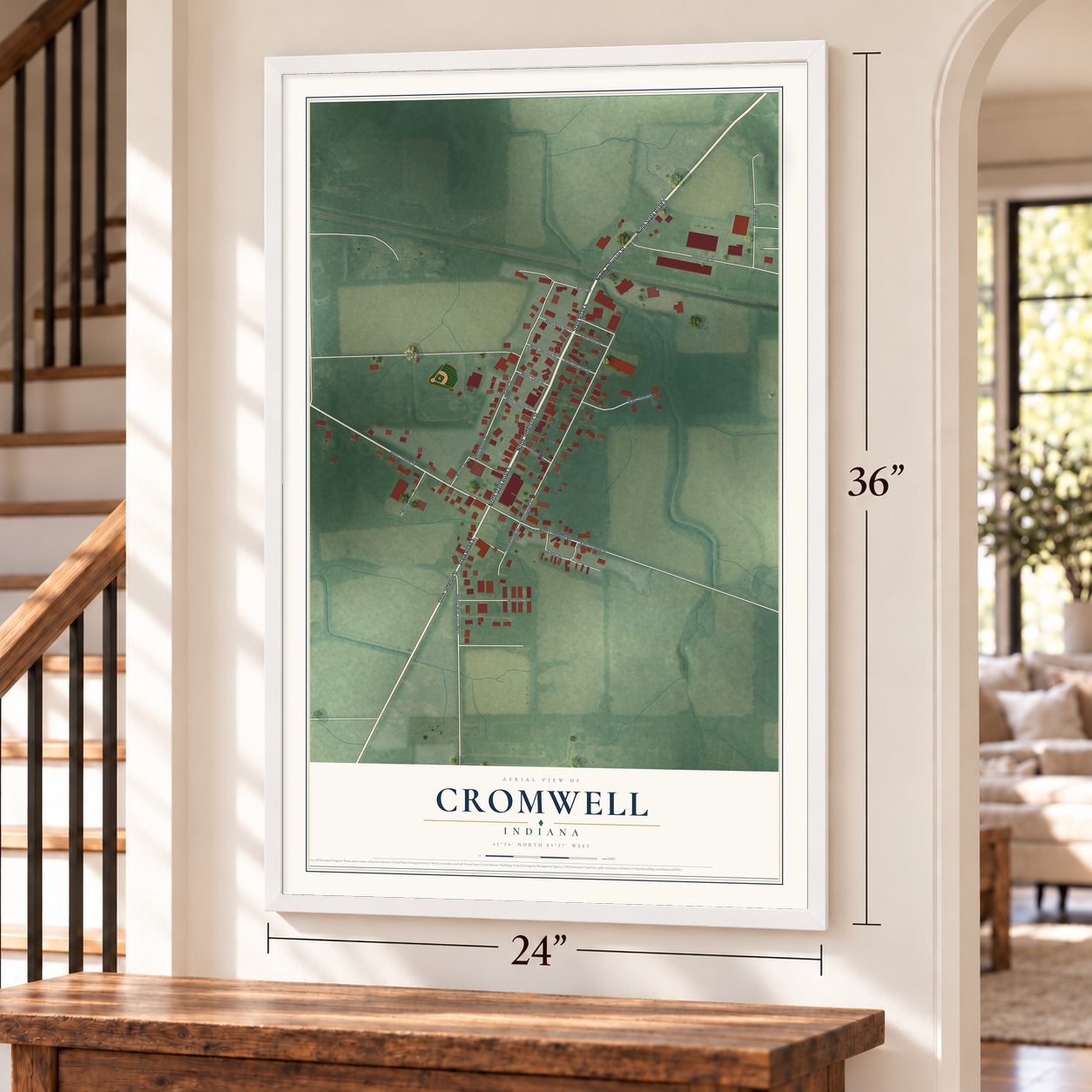 Cromwell, Indiana map, 24 x 36 inch print in a white frame by a staircase