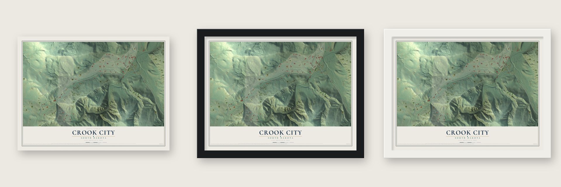 Crook City, South Dakota map unframed, in a black wood frame and in a white wood frame