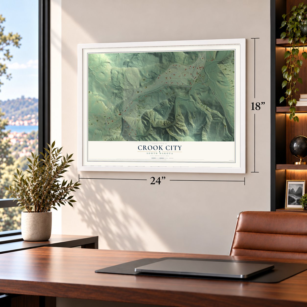 Crook City, South Dakota map, 18 x 24 inch print in a white frame in a home office