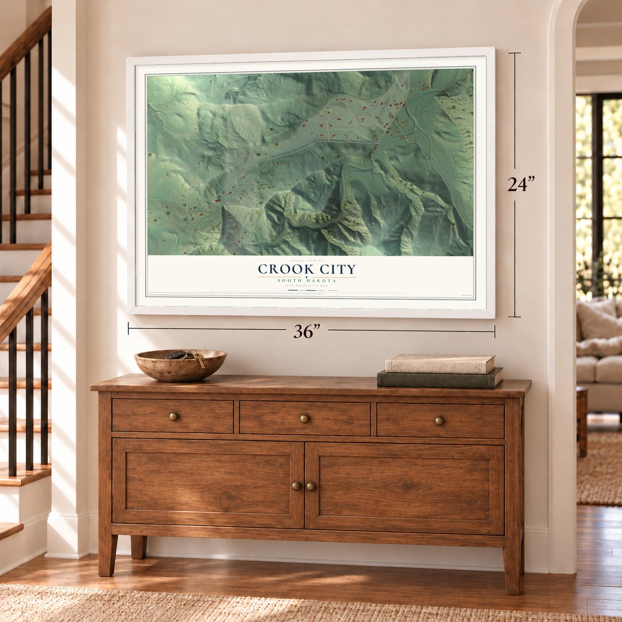 Crook City, South Dakota map, 24 x 36 inch print in a white frame above a dresser by a staircase