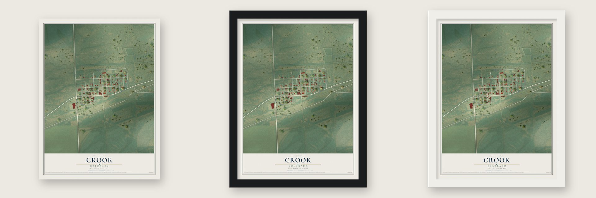 Crook, Colorado map unframed, in a black wood frame and in a white wood frame