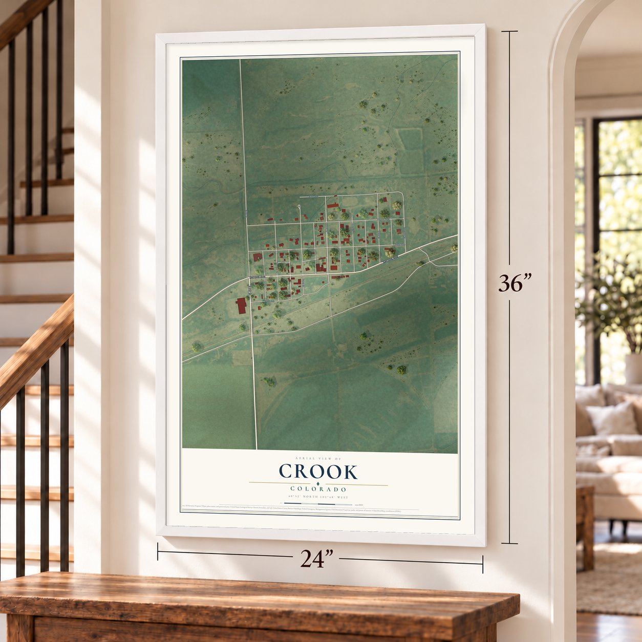 Crook, Colorado map, 24 x 36 inch print in a white frame by a staircase