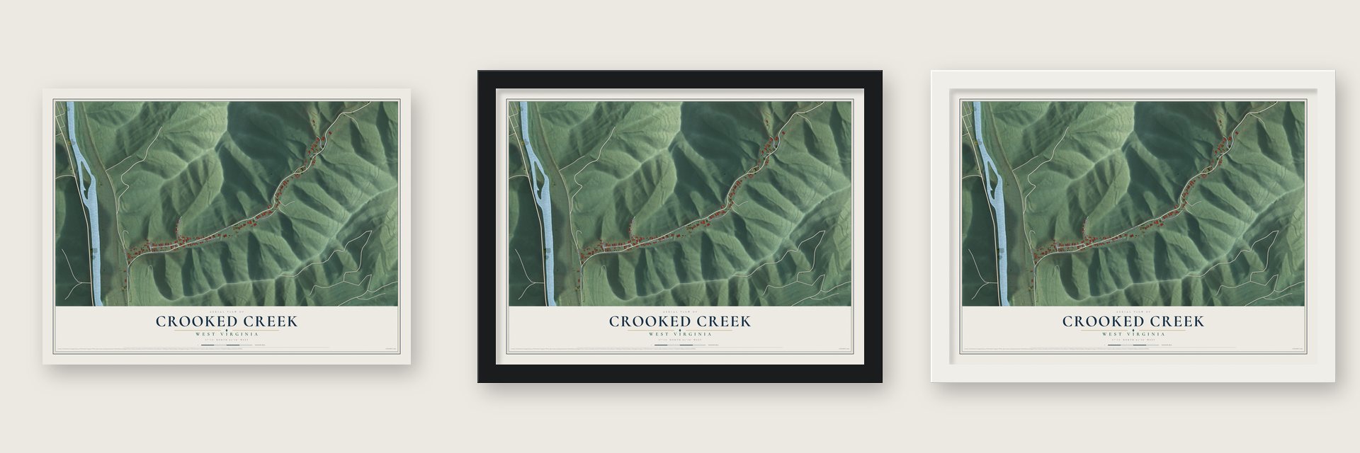 Crooked Creek, West Virginia map unframed, in a black wood frame and in a white wood frame