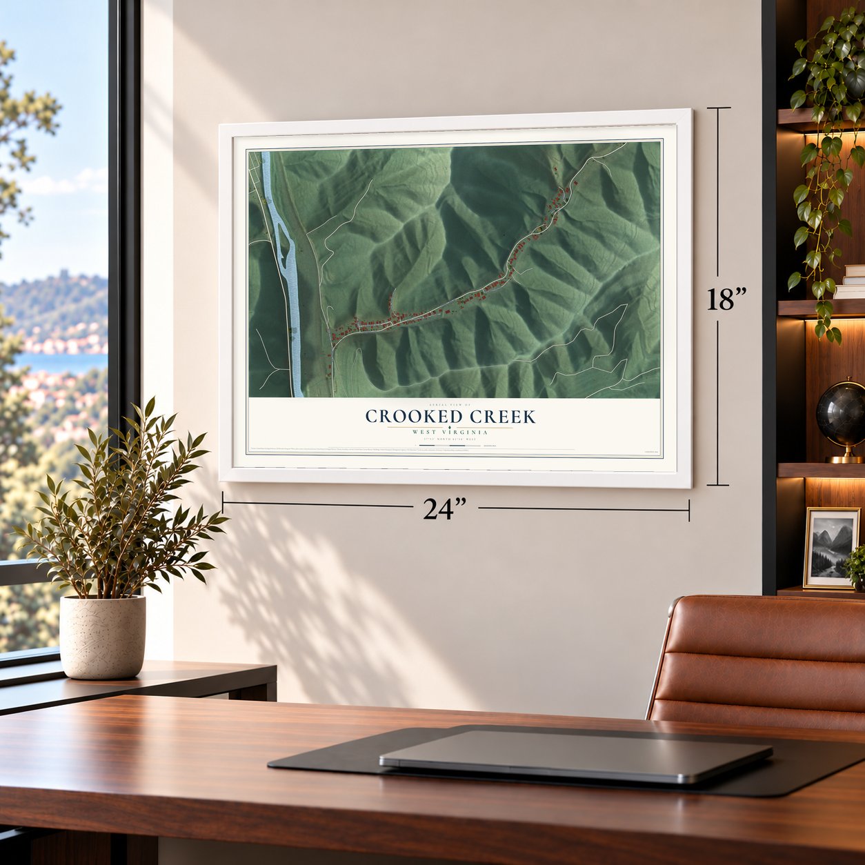 Crooked Creek, West Virginia map, 18 x 24 inch print in a white frame in a home office