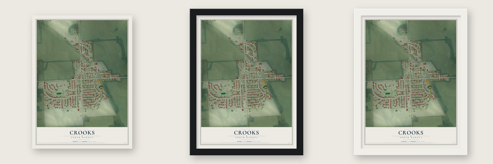 Crooks, South Dakota map unframed, in a black wood frame and in a white wood frame