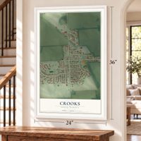 Crooks, South Dakota map, 24 x 36 inch print in a white frame by a staircase