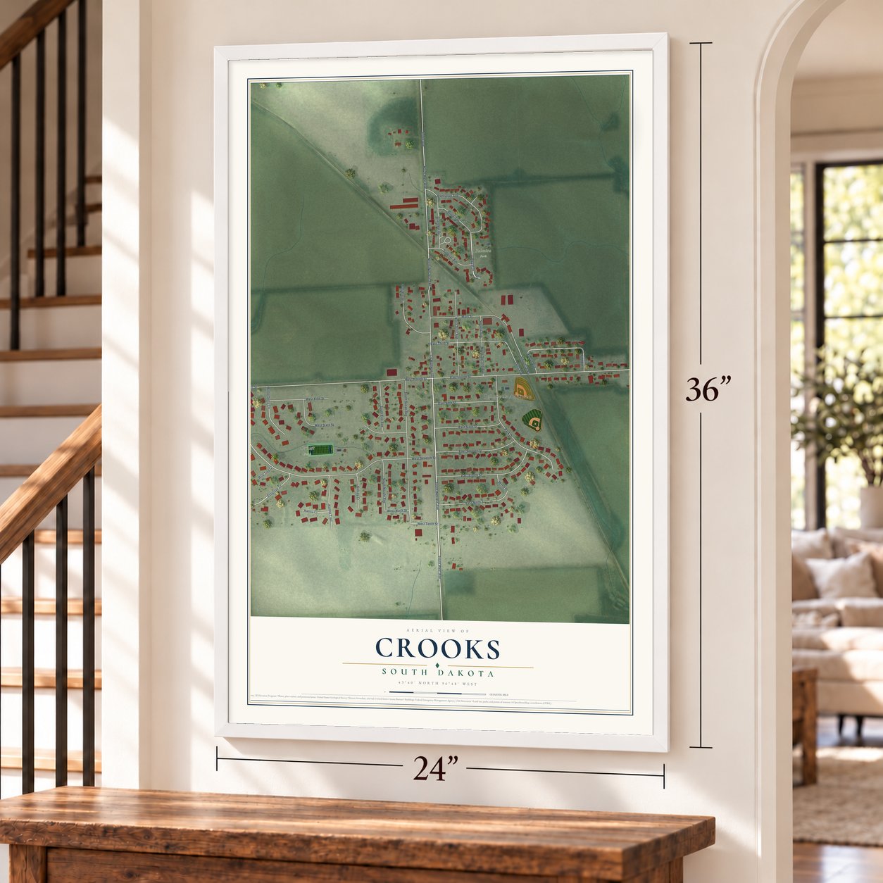 Crooks, South Dakota map, 24 x 36 inch print in a white frame by a staircase