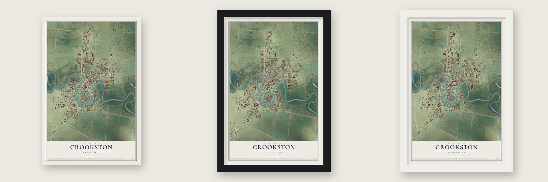 Crookston, Minnesota map unframed, in a black wood frame and in a white wood frame