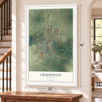 Crookston, Minnesota map, 24 x 36 inch print in a white frame by a staircase
