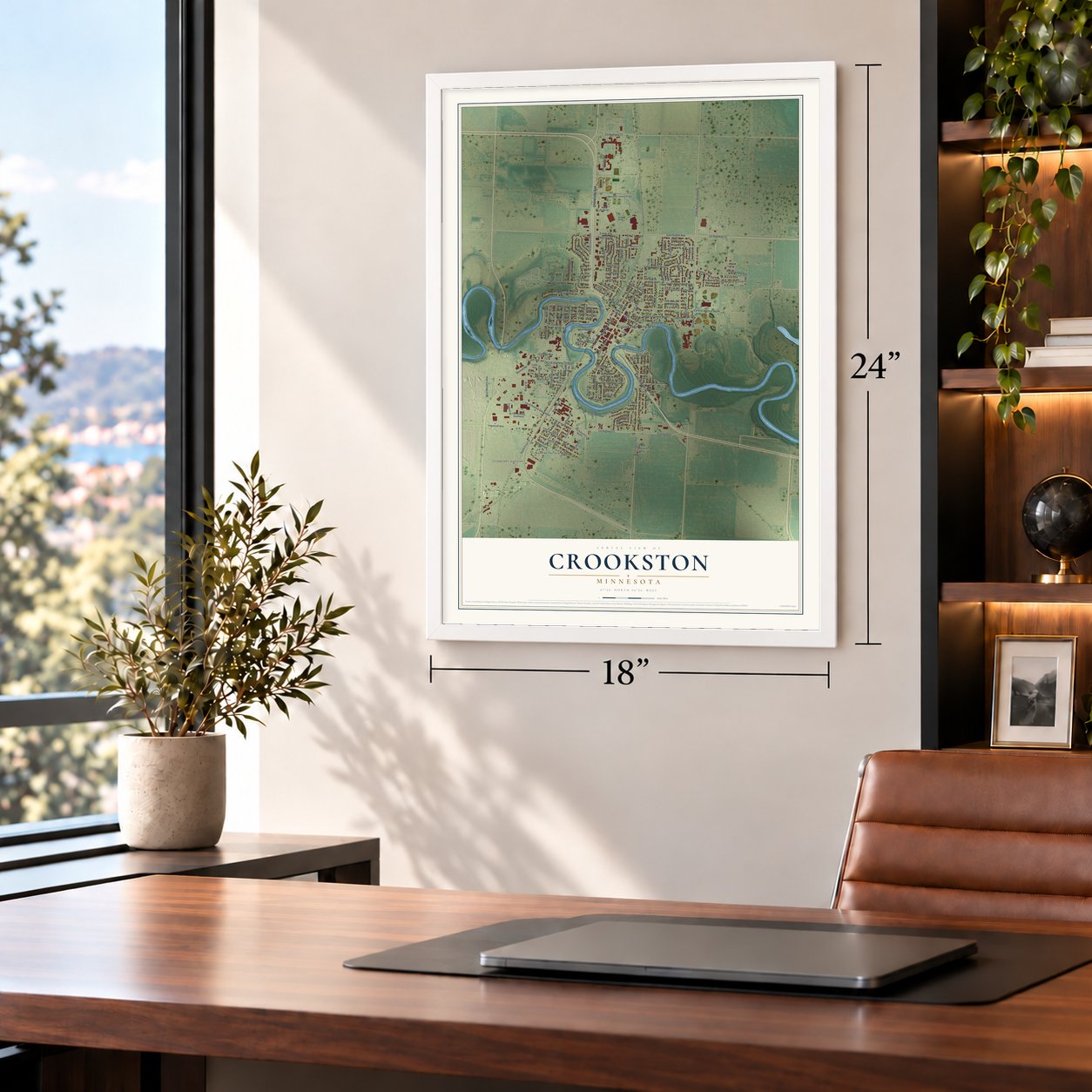 Crookston, Minnesota map, 18 x 24 inch print in a white frame in a home office