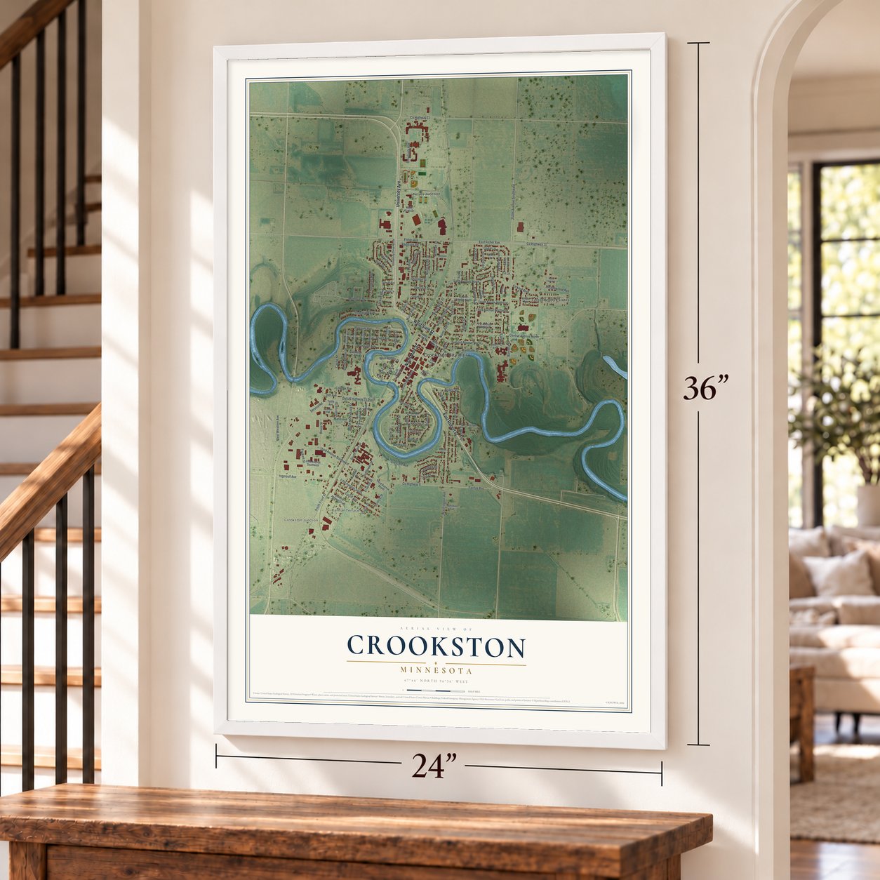 Crookston, Minnesota map, 24 x 36 inch print in a white frame by a staircase