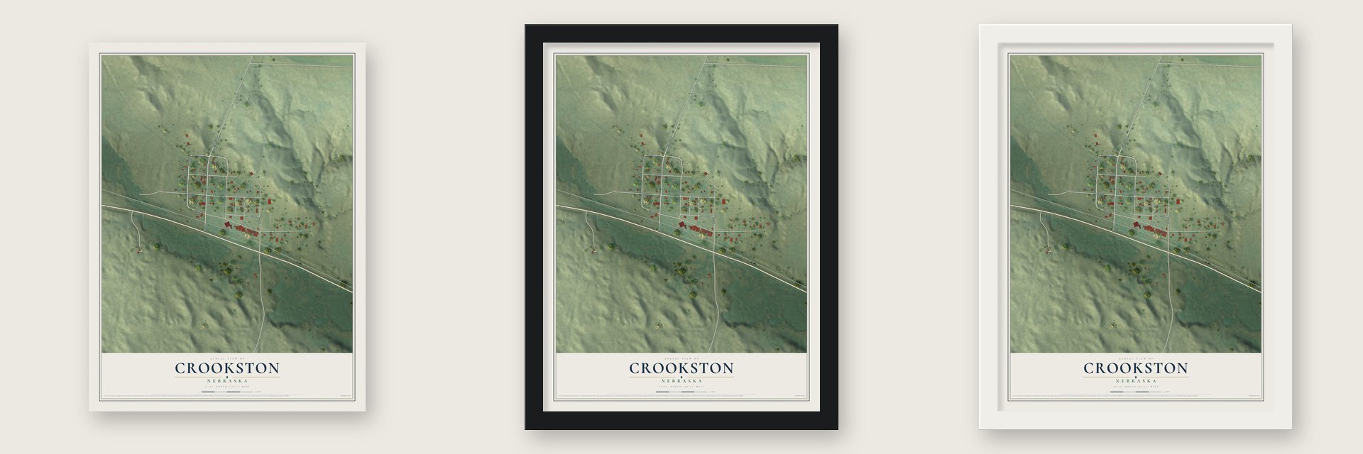 Crookston, Nebraska map unframed, in a black wood frame and in a white wood frame