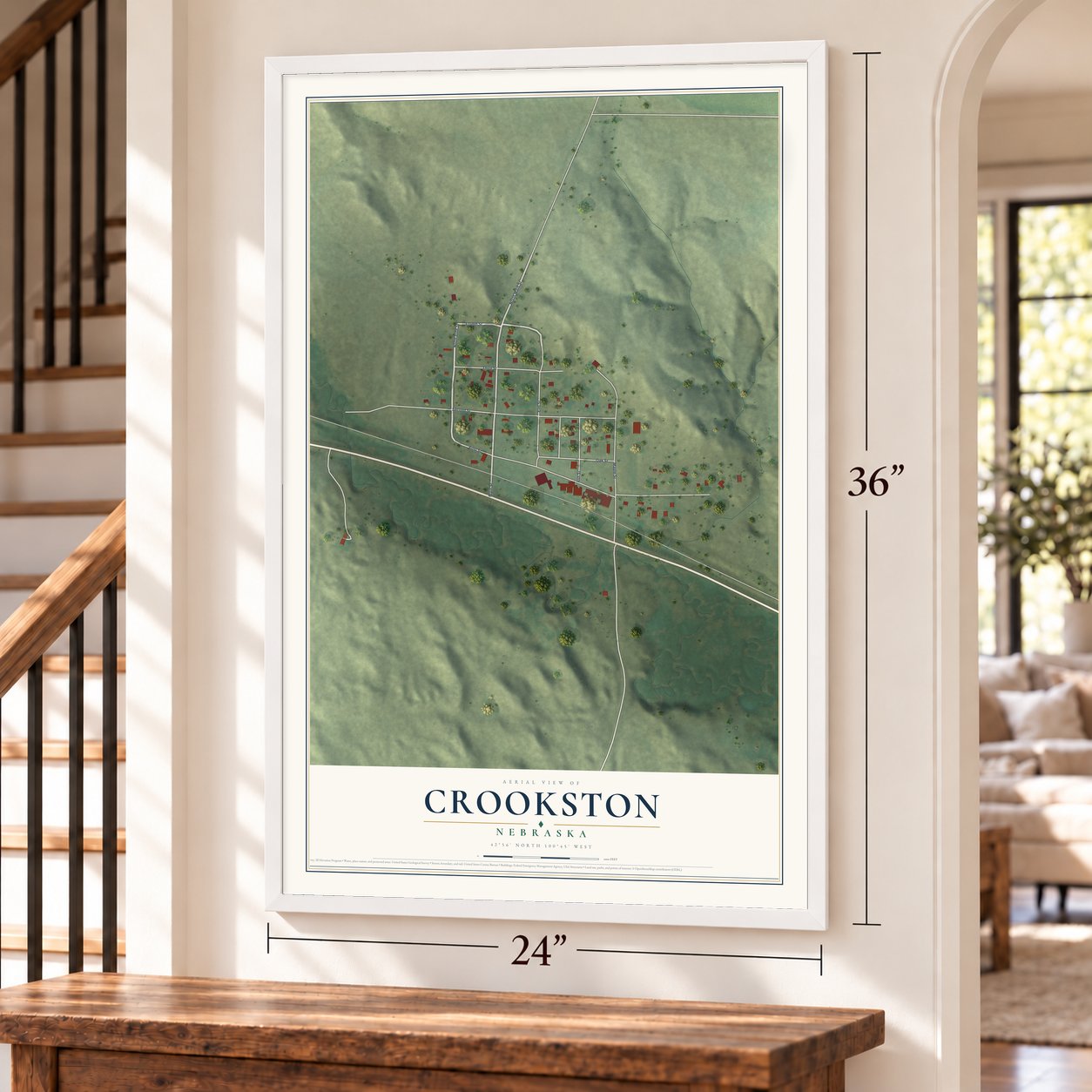 Crookston, Nebraska map, 24 x 36 inch print in a white frame by a staircase