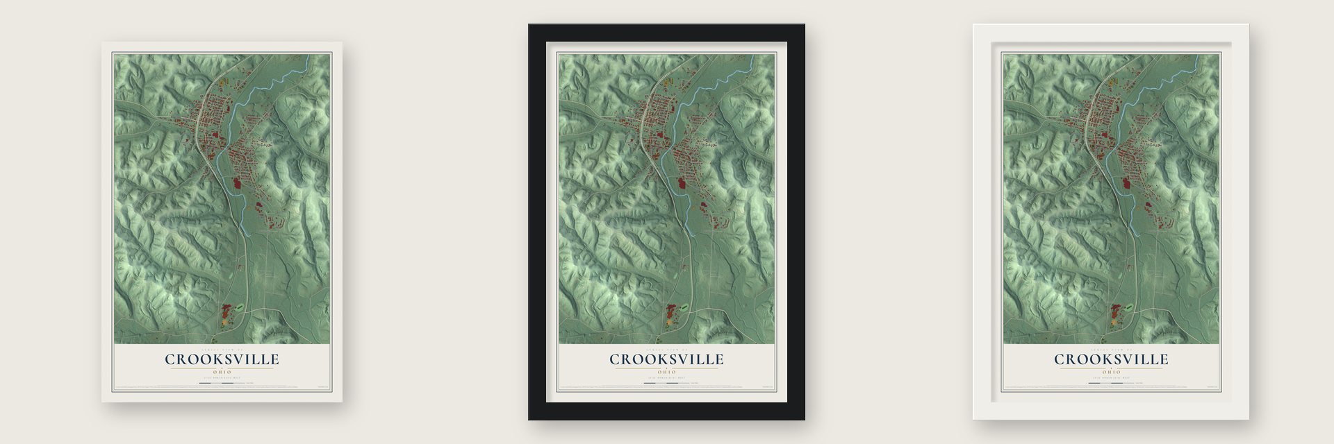 Crooksville, Ohio map unframed, in a black wood frame and in a white wood frame