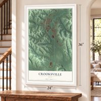 Crooksville, Ohio map, 24 x 36 inch print in a white frame by a staircase