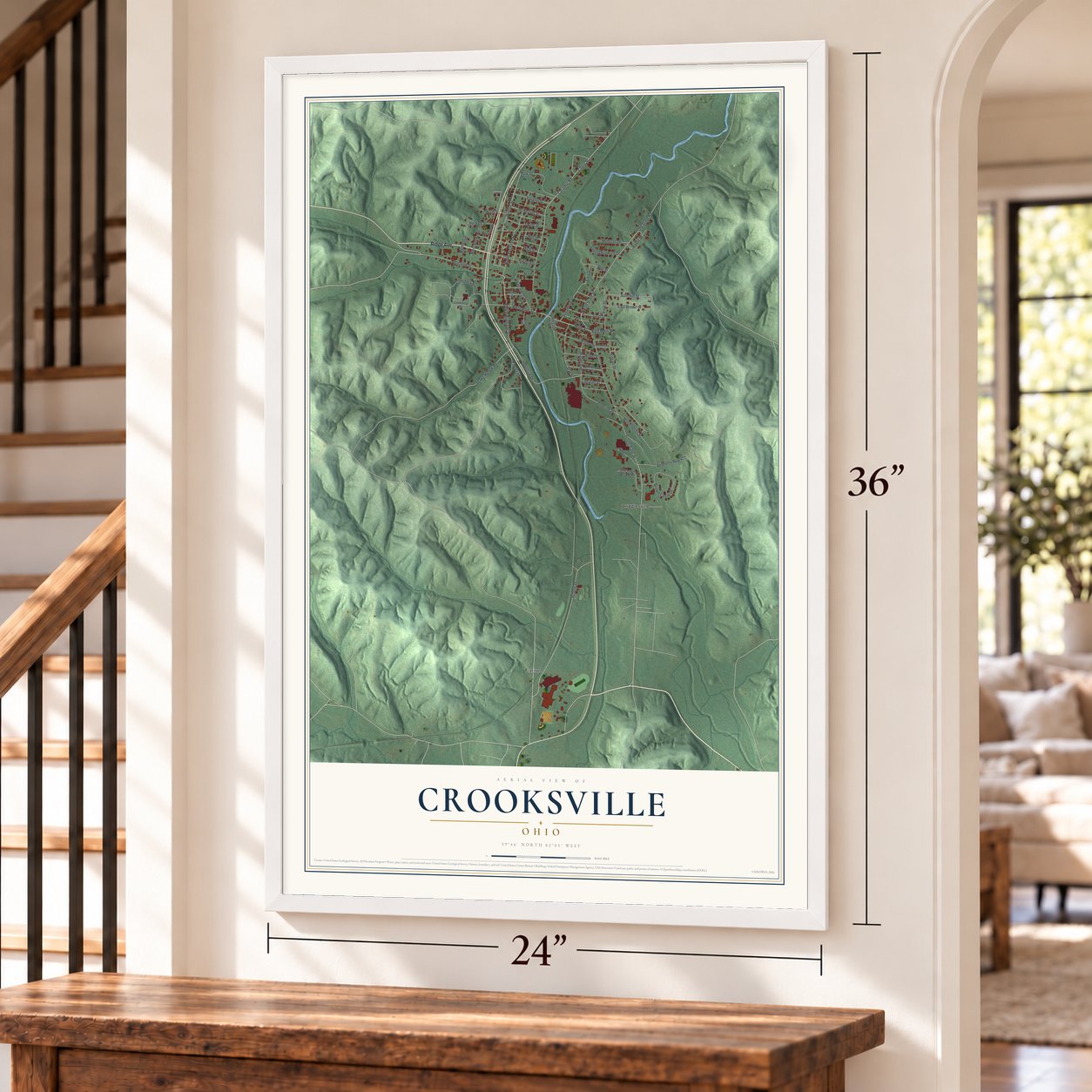 Crooksville, Ohio map, 24 x 36 inch print in a white frame by a staircase