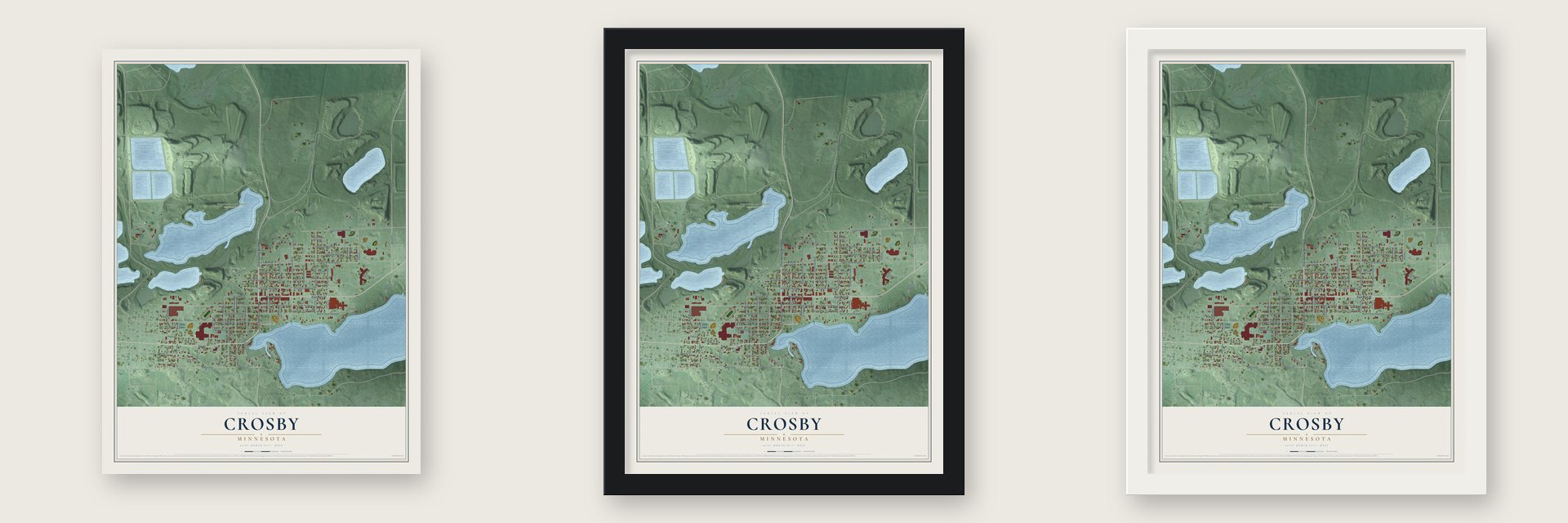 Crosby, Minnesota map unframed, in a black wood frame and in a white wood frame