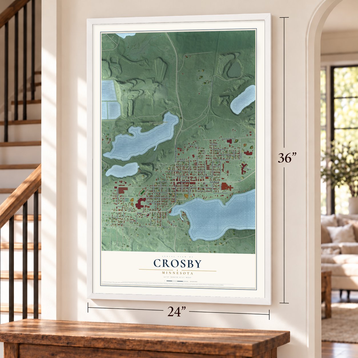 Crosby, Minnesota map, 24 x 36 inch print in a white frame by a staircase
