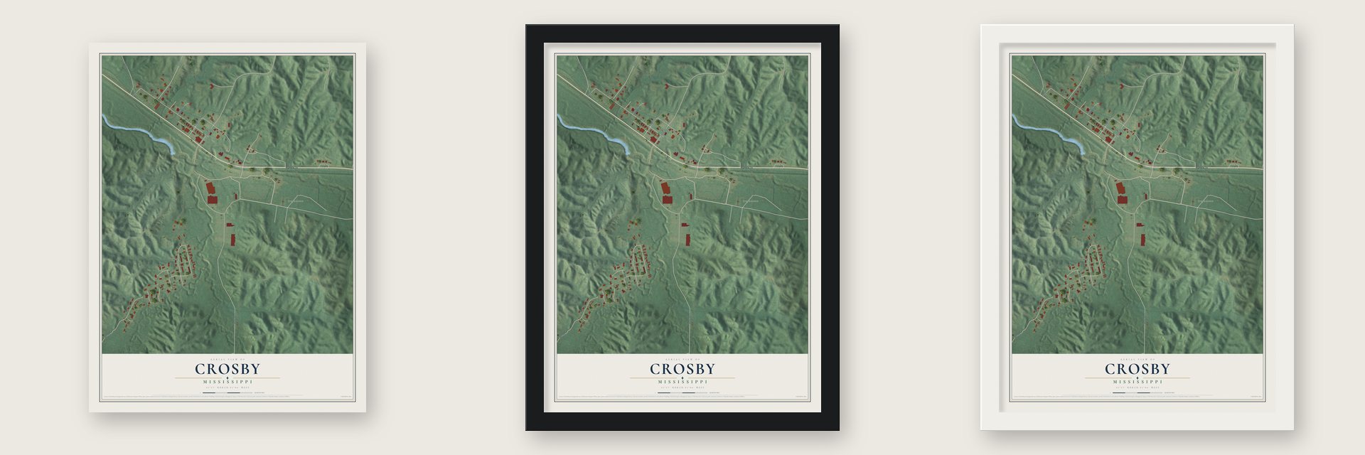 Crosby, Mississippi map unframed, in a black wood frame and in a white wood frame