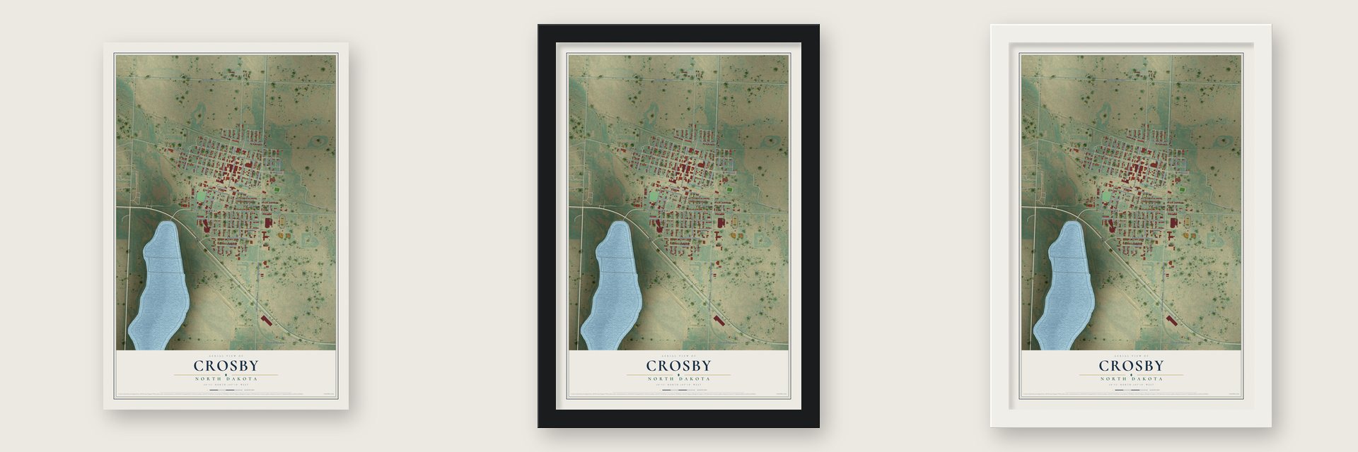 Crosby, North Dakota map unframed, in a black wood frame and in a white wood frame