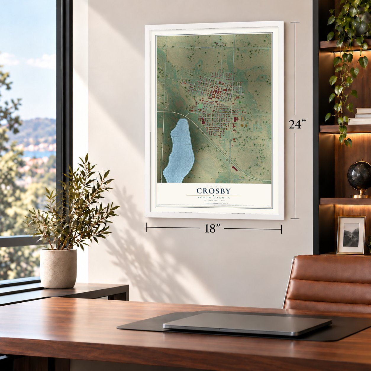Crosby, North Dakota map, 18 x 24 inch print in a white frame in a home office