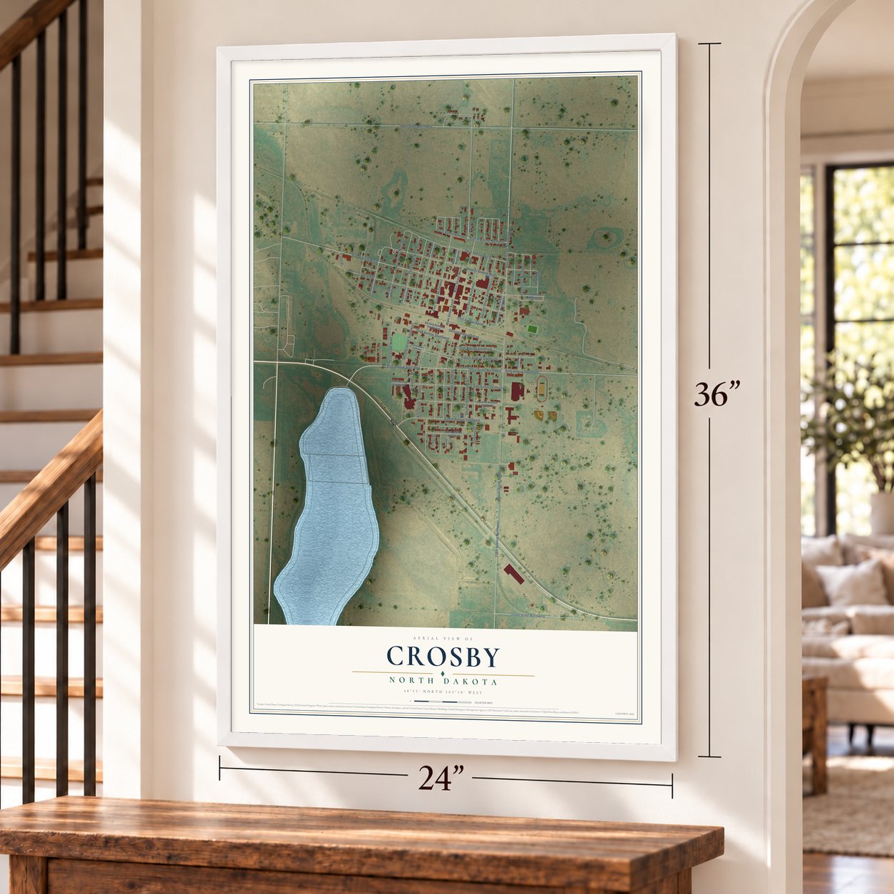 Crosby, North Dakota map, 24 x 36 inch print in a white frame by a staircase