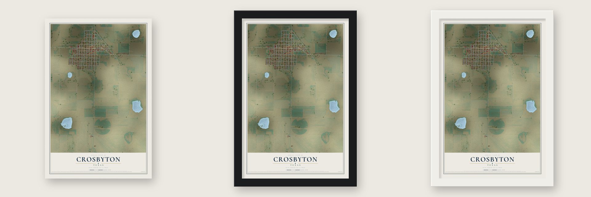 Crosbyton, Texas map unframed, in a black wood frame and in a white wood frame