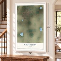 Crosbyton, Texas map, 24 x 36 inch print in a white frame by a staircase