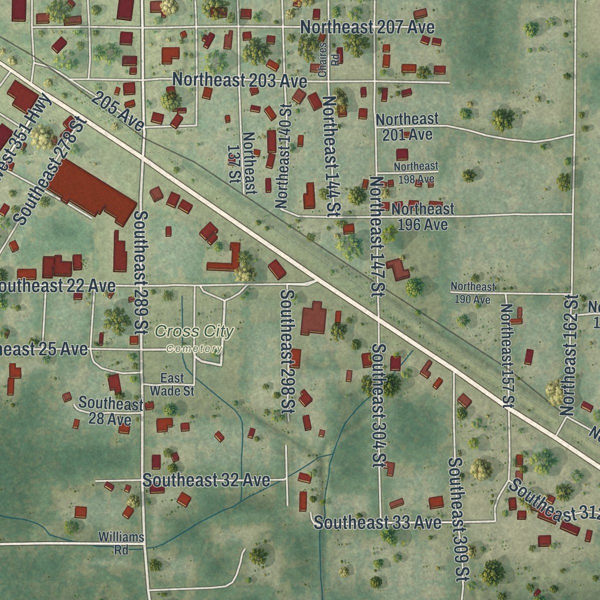 Second close-up of the map of Cross City, Florida print showing more streets and buildings