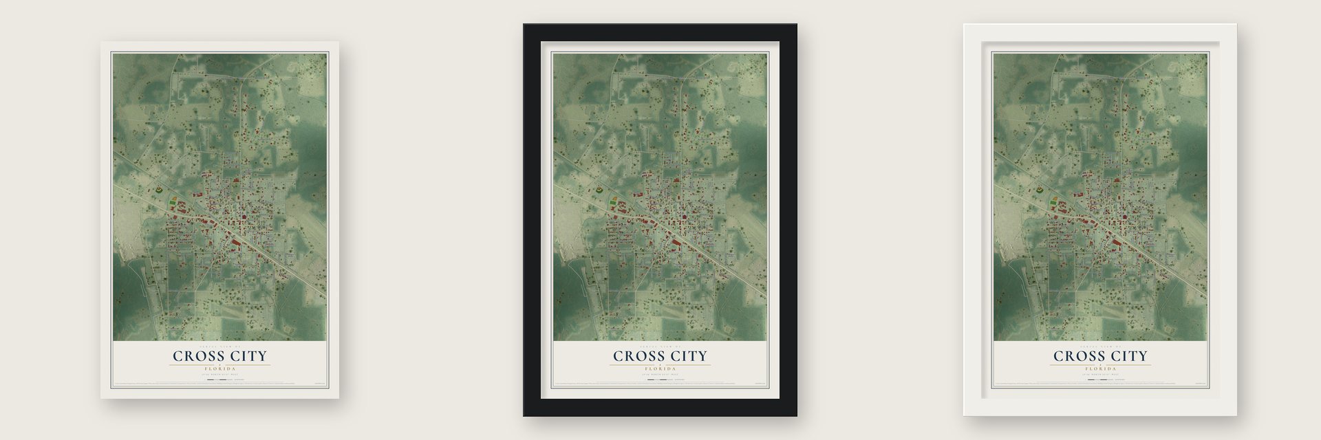 Cross City, Florida map unframed, in a black wood frame and in a white wood frame