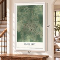 Cross City, Florida map, 24 x 36 inch print in a white frame by a staircase