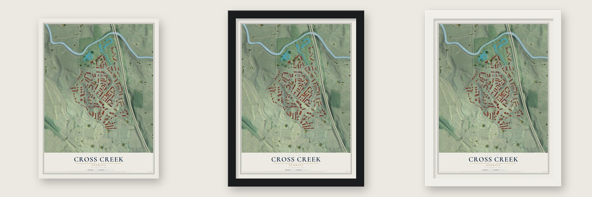 Cross Creek, Georgia map unframed, in a black wood frame and in a white wood frame