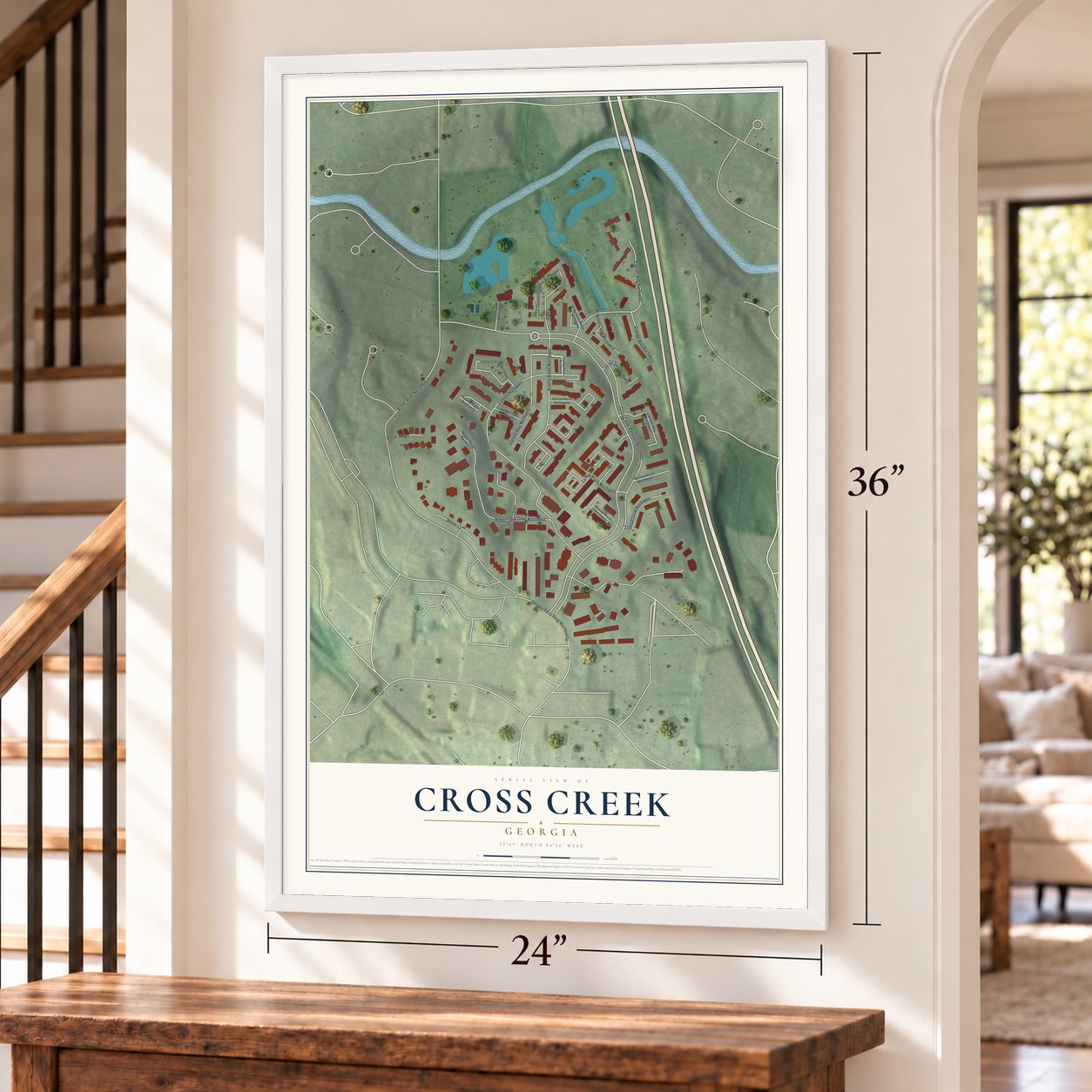 Cross Creek, Georgia map, 24 x 36 inch print in a white frame by a staircase