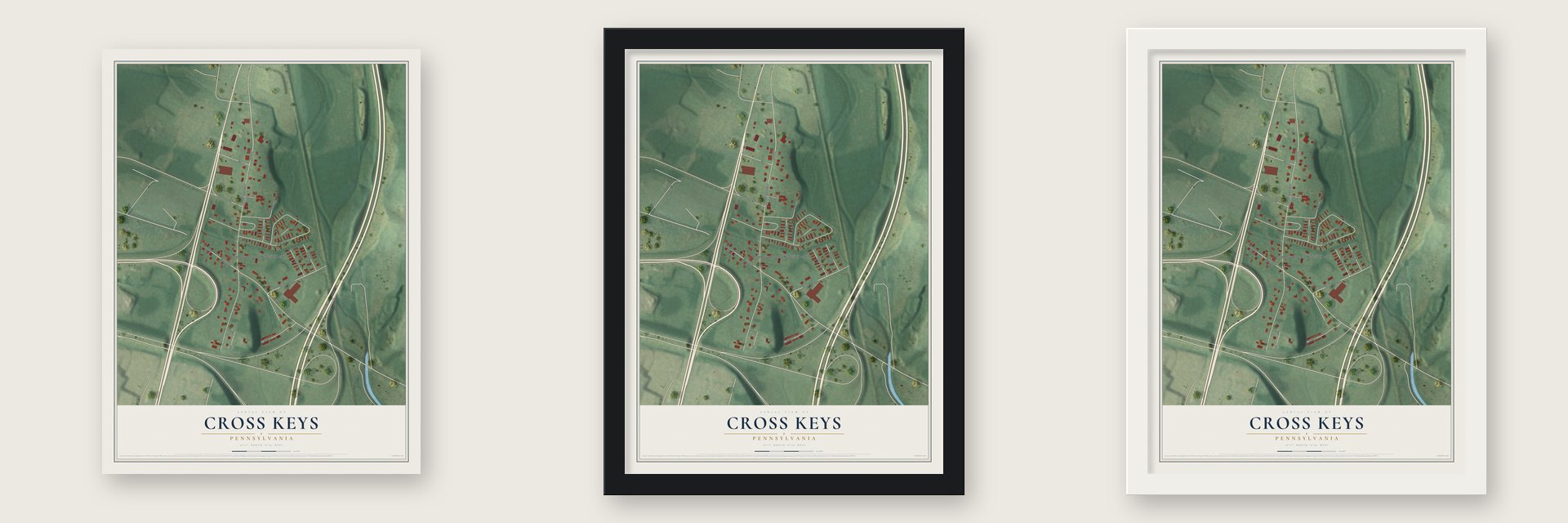Cross Keys, Pennsylvania map unframed, in a black wood frame and in a white wood frame