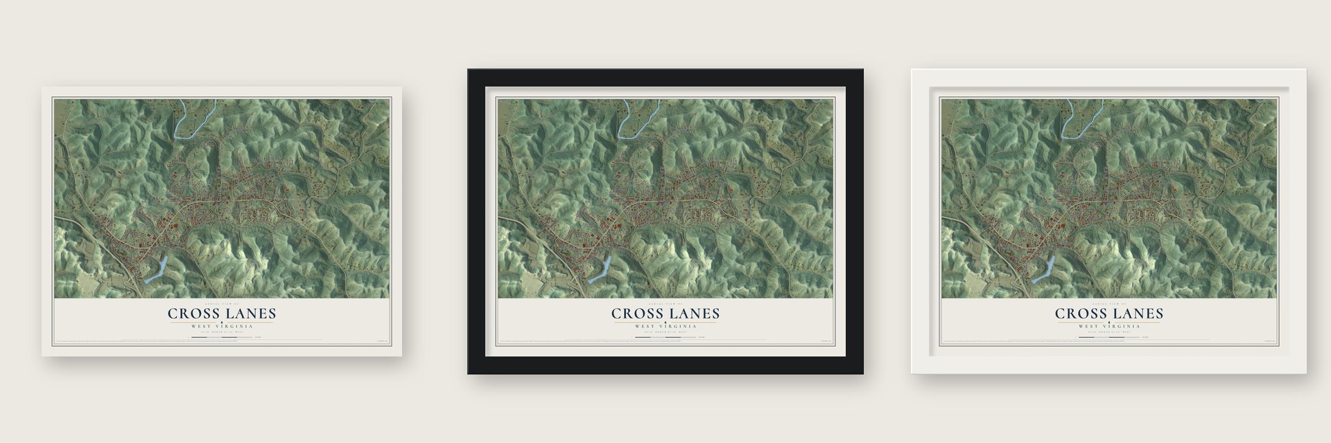 Cross Lanes, West Virginia map unframed, in a black wood frame and in a white wood frame