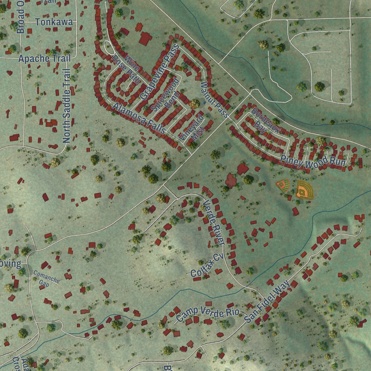 Second close-up of the map of Cross Mountain, Texas print showing more streets and buildings
