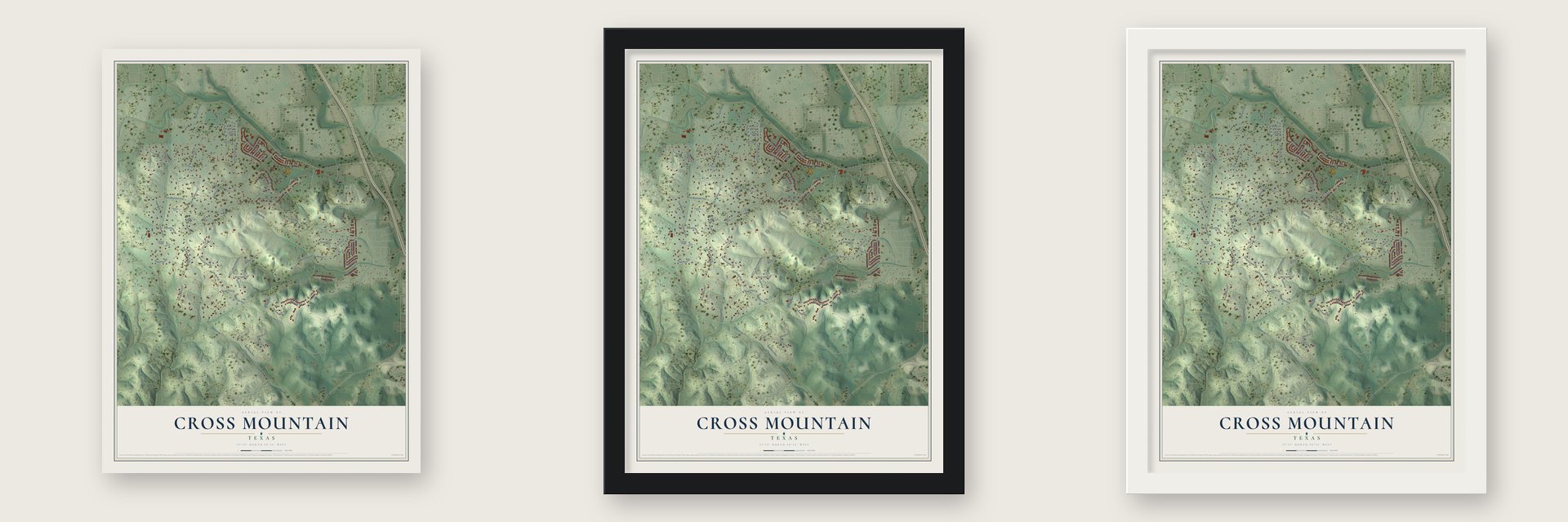 Cross Mountain, Texas map unframed, in a black wood frame and in a white wood frame