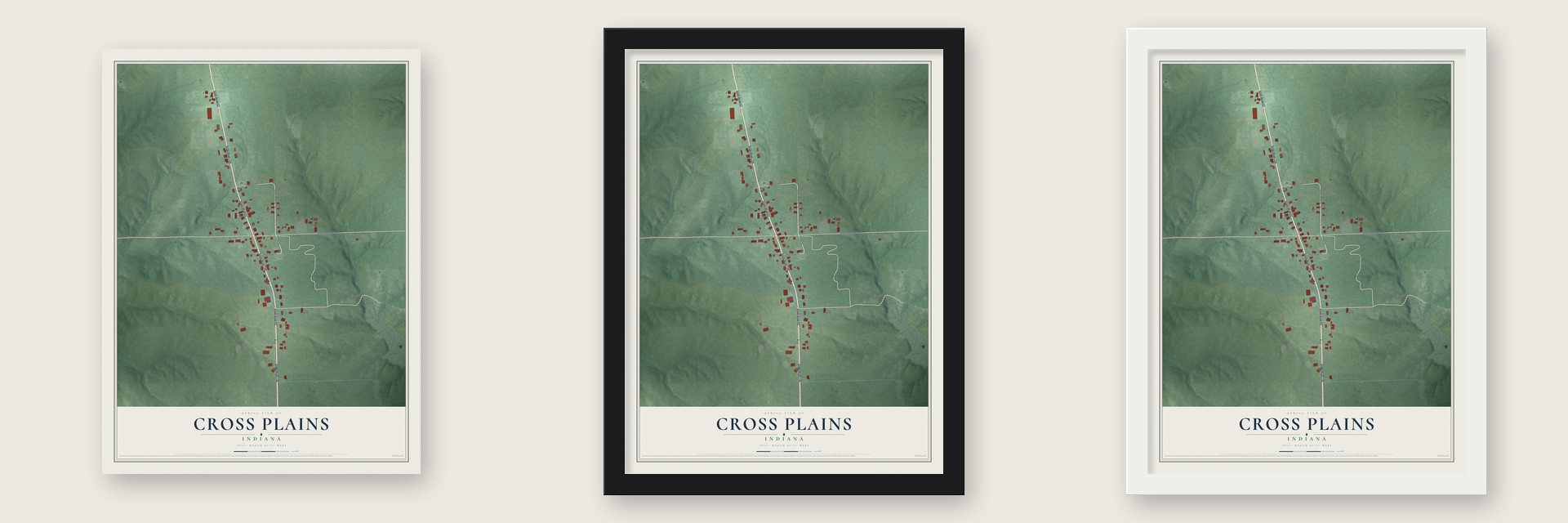 Cross Plains, Indiana map unframed, in a black wood frame and in a white wood frame