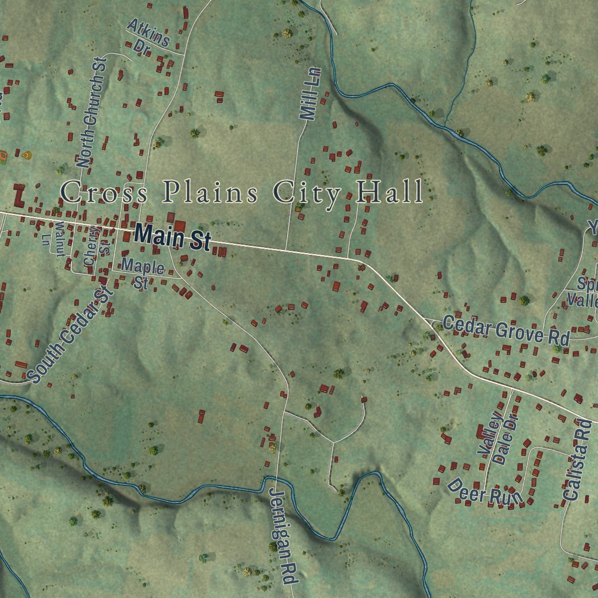 Second close-up of the map of Cross Plains, Tennessee print showing more streets and buildings