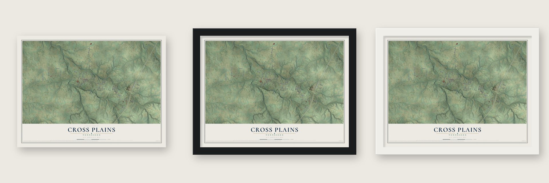 Cross Plains, Tennessee map unframed, in a black wood frame and in a white wood frame