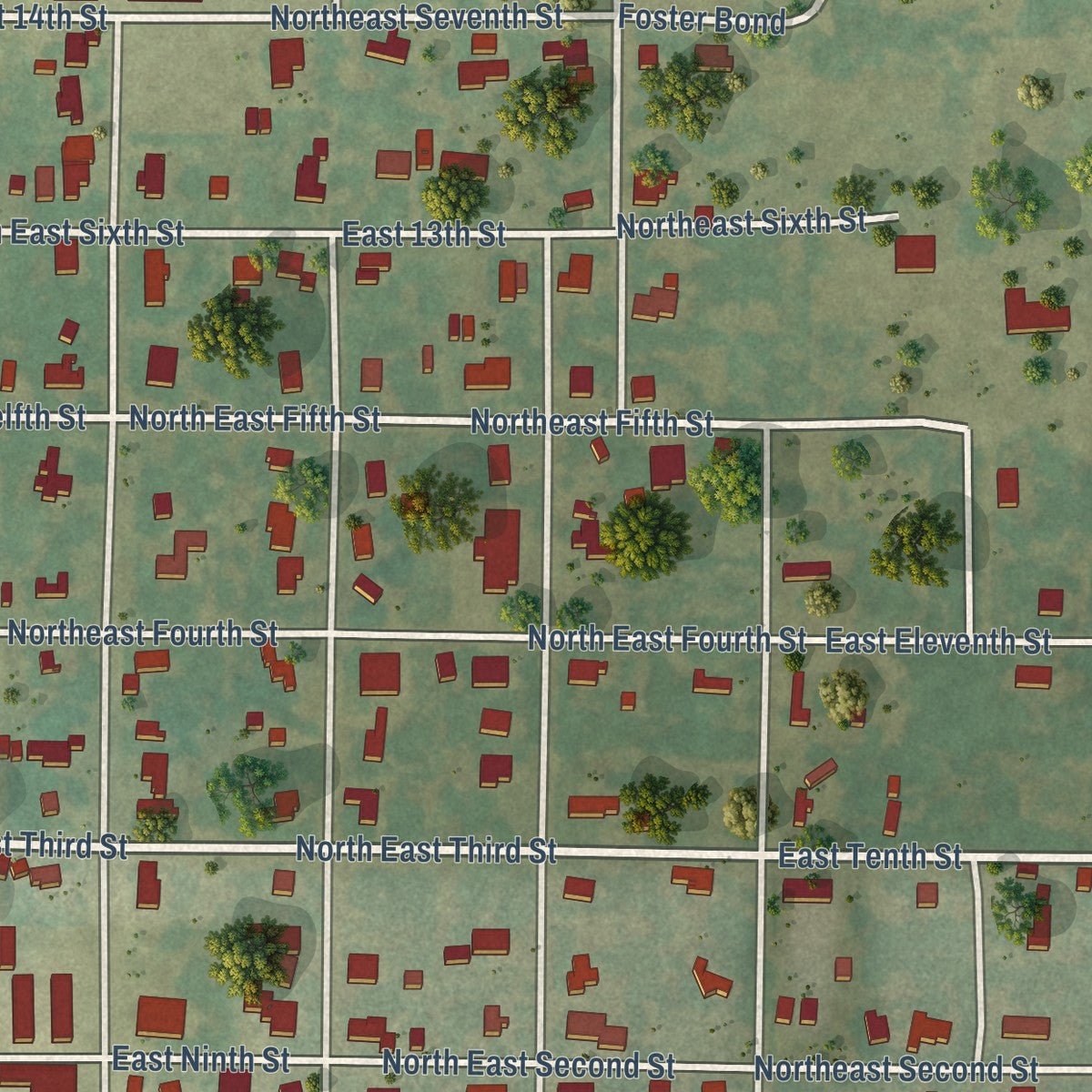 Second close-up of the map of Cross Plains, Texas print showing more streets and buildings