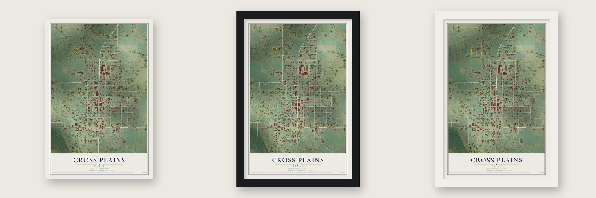 Cross Plains, Texas map unframed, in a black wood frame and in a white wood frame
