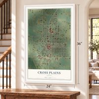 Cross Plains, Texas map, 24 x 36 inch print in a white frame by a staircase