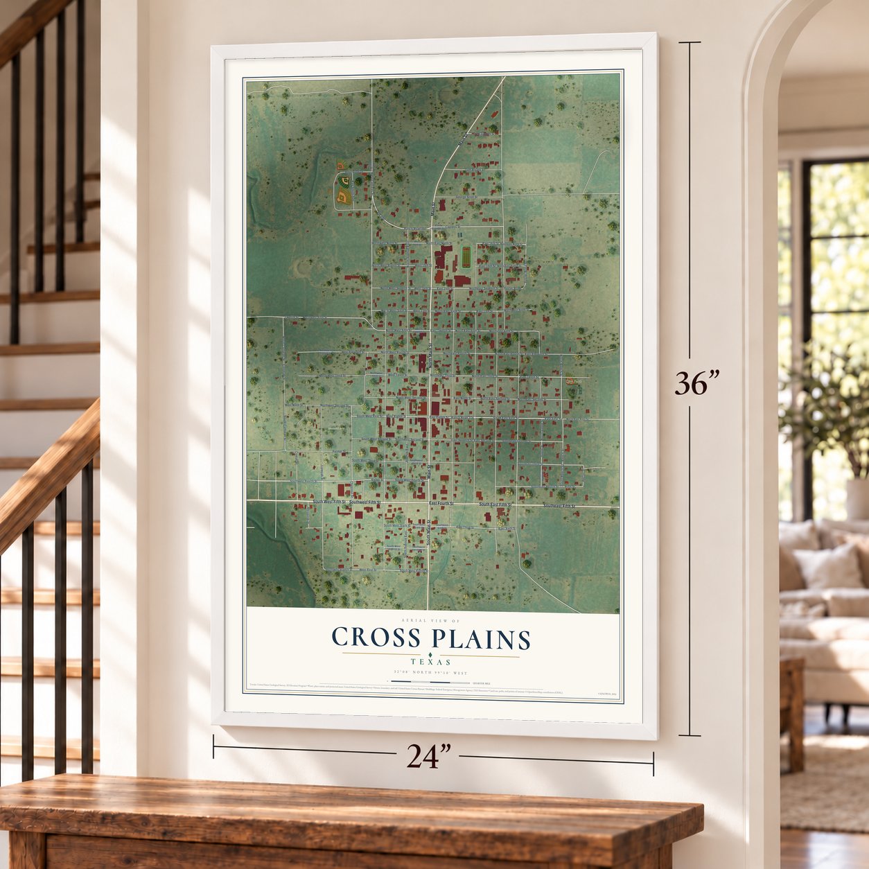 Cross Plains, Texas map, 24 x 36 inch print in a white frame by a staircase