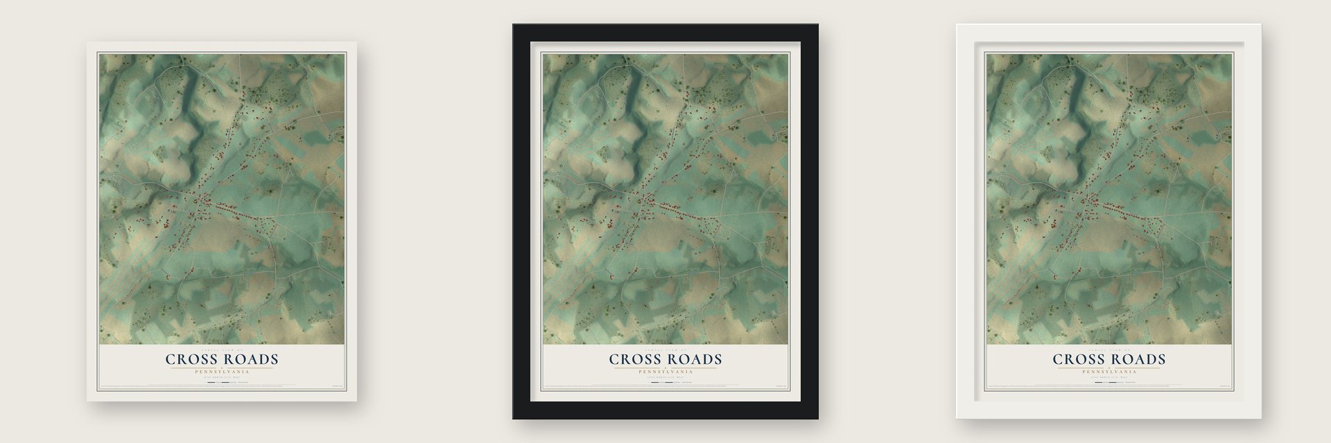 Cross Roads, Pennsylvania map unframed, in a black wood frame and in a white wood frame