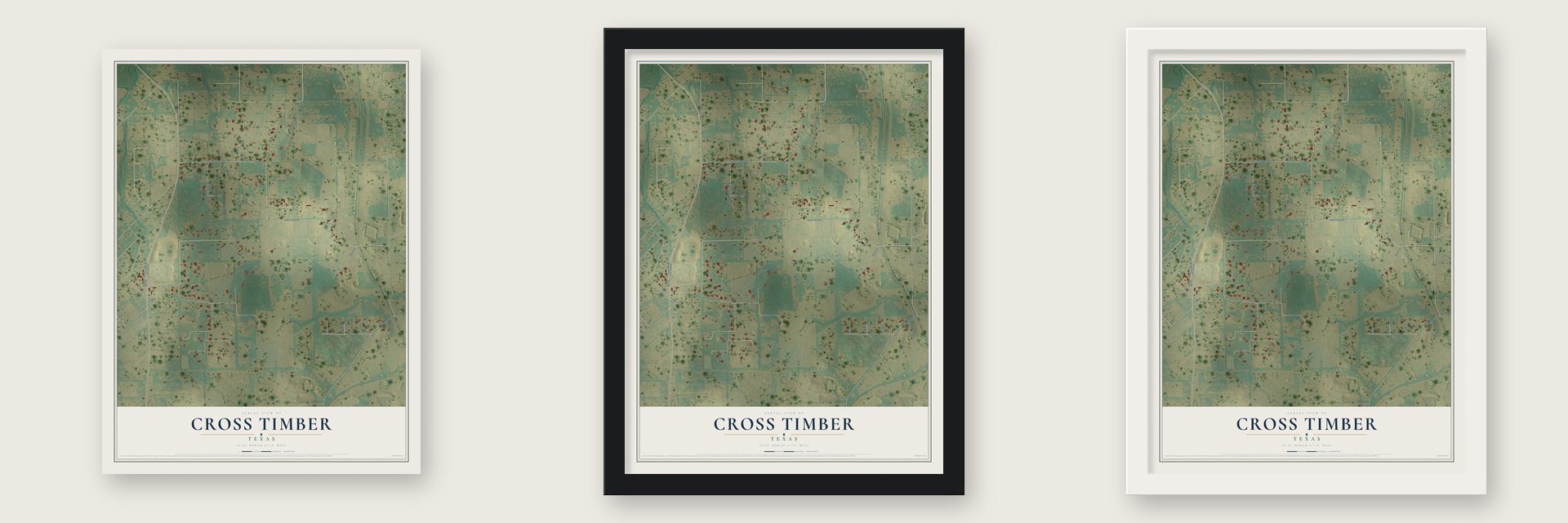 Cross Timber, Texas map unframed, in a black wood frame and in a white wood frame