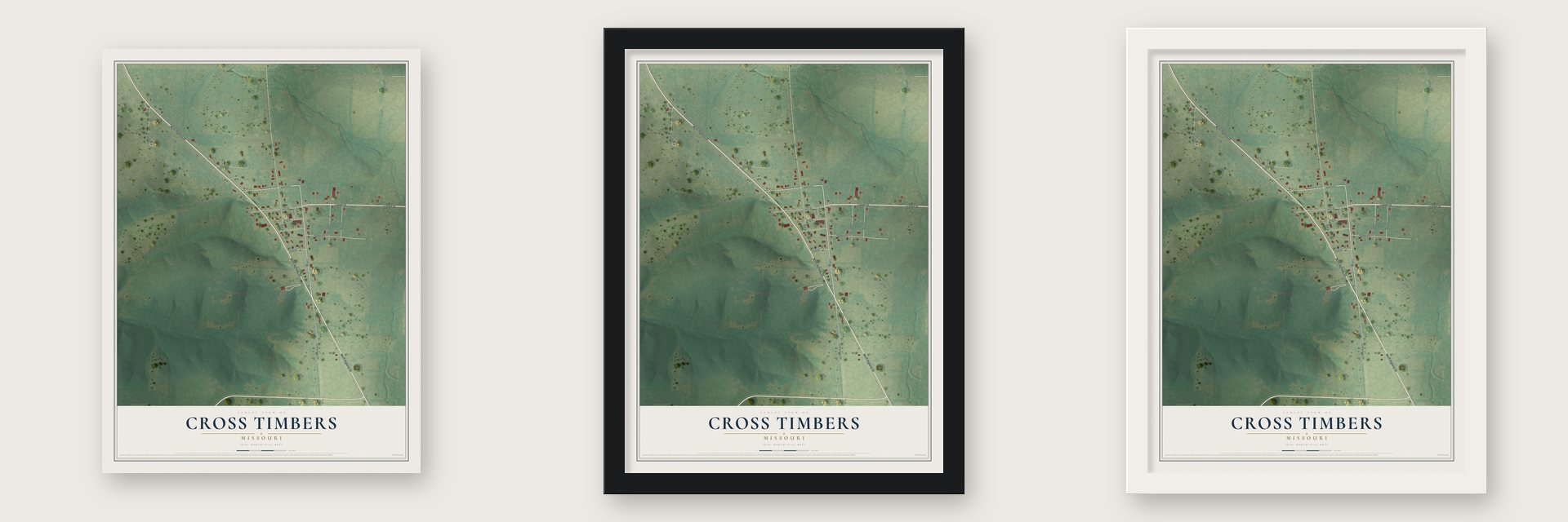 Cross Timbers, Missouri map unframed, in a black wood frame and in a white wood frame